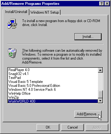 This figure shows the 'Install/Uninstall' tab of the 'Add/Remove Program Properties' window.