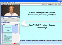 Typical tutorial and presentation window screen shot, showing video pane with Windows Media Player in upper left, playback controls in middle left,  Scenes/Info/Help tabs and panes in lower left, with Flash-based screen shots of instructor's computer screen on right side of screen.  Closed captioning, when enabled, appears below the right side computer screen pane.