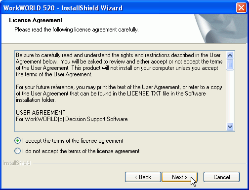 This figure shows the WorkWORLD License Agreement installation screen.