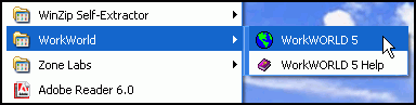 This figure shows the Windows Start, Programs menu with the WorkWORLD submenu choices.