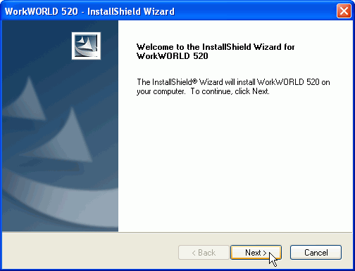 This figure shows the Welcome screen for the WorkWORLD installation.