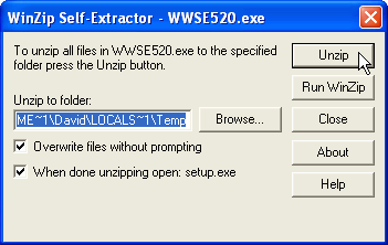 This figure shows the Winzip self extraction screen with the default destination folder filled in.