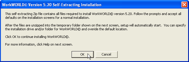 This figure shows the self-extracting dialog box with brief instructions for installing the downloaded WorkWORLD executable.