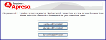 Connection type selection screen, showing High Speed, Low Speed, and Screen Reader Version buttons.