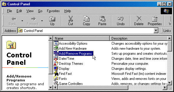 This figure shows 'Add/Remove Programs' being selected from the Control Panel window.