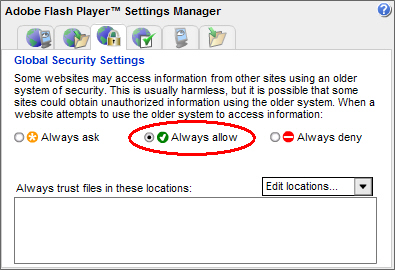 Flash Player Global Security Settings Panel, showing Always allow option selected.