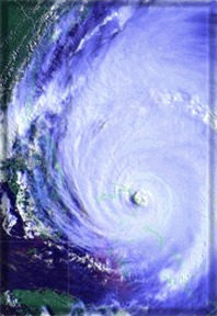 Satellite image of hurricane, showing wind bands and eye.