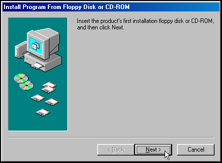 This figure shows the 'Install Program From Floppy or CD-ROM'. This window prompts the user for the software's first installation floppy or CD-ROM.