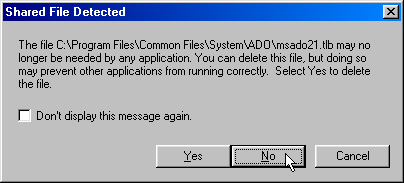 This figure shows the 'Shared File Detected' window. This window gives the user the option to delete shared files detected by the uninstallation routine.