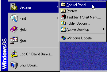This figure shows the 'control panel' menu option being selected from the 'settings' menu option from the Windows Start Button.