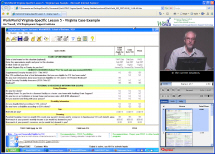 Typical tutorial and presentation window screen shot, showing video pane with Windows Media Player in upper right, playback controls in middle right, Scenes/Info/Help tabs and panes in lower right, with Flash-based screen shots of instructor's computer screen on left side of screen.  Closed captioning, when enabled, appears below the right side instructor pane.