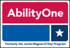 AbilityOne Program logo. The design represents different parts of the program coming together and becoming a unit. It has three boxes representing people working together for one cause. The red box stands strong at the top, holding the name AbilityOne. The navy blue box holds a star, representing quality - a job well done. The light blue box represents the people and entities that make AbilityOne possible.  At the bottom are the words 'Formerly the Javits-Wagner-O'Day Program'.