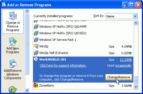 Screenshot of Add/Remove Programs Properties window in Control Panel, with Install/Uninstall tab selected, WorkWORLD highlighted in list, and mouse pointer on Add/Remove button.