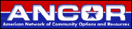 American Network of Community Options and Resources logo, showing ANCOR acronym in white letters on red and blue background.