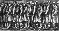 Print of Bread Line -- No One Has Starved (1932), an etching by Reginald Marsh (1898-1954), showing Depression era men waiting in long line for food. Marsh lines these men up and uses the words of Herbert Hoover -- 'No one has starved' -- to underscore the way unemployment strips them of their humanity and individual tragedies.