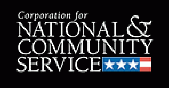 Logo of Corporation for National and Community Service (CNCS), showing portion of American flag and white lettering on black background.