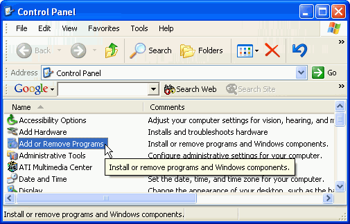 Screenshot of Control Panel Explorer view, showing Add/Remove Programs item highlighted.