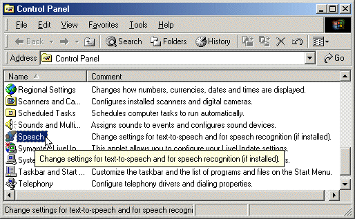 Screenshot of Control Panel Explorer view, showing Speech item highlighted.