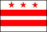 Image of the District of Columbia (Washington, D.C.) flag.  Without either a local or self government, the District of Columbia was very slow to develop a flag of its own, so a government commission was formed in 1920 to find a design. The final design was based on the shield from the coat of arms used by George Washington, with two red bars placed horizontally on a white field, leaving three white bars, and three red stars placed horizontally in the upper white bar. The flag was adopted in 1938.