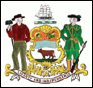 Image of the Delaware coat of arms, as used in the Great Seal of the State of Delaware.  Elements included in the coat of arms include: The Wheat Sheaf (was adapted from the Sussex County seal and signifies the agricultural vitality of Delaware); The Ship (a symbol of New Castle County's ship building industry and Delaware's extensive coastal commerce); The Corn (taken from the Kent County seal and also symbolizes the agricultural basis of Delaware's economy); The Farmer (with the hoe represents the central role of farming to the state); The Militiaman (with his musket recognizes the crucial role of the citizen-soldier to the maintenance of American liberties); The Ox (represents the importance of animal husbandry to the state economy); The Water ([above the Ox] stands for the Delaware River, the main stay of the state's commerce and transportation); and The Motto ([Liberty and Independence] was derived from the Order of Cincinnati, and approved in 1847).