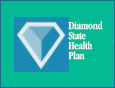 Delaware Diamond State Health Plan logo, showing white diamond shape on blue square, with white letters on green background.