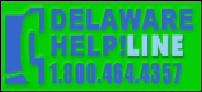 Delaware HelpLine logo, showing stylized telephone image in blue on green background, with phone number 1-800-464-4357
