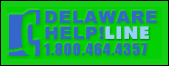 Delaware HelpLine logo, showing stylized telephone image in blue on green background, with phone number 1-800-464-4357