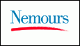 Nemours Health Clinic logo, with name 'Nemours' in light blue letters underlined by red splash line, all on white background.