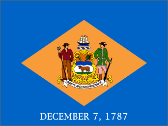 Image of the Delaware State flag.  Adopted in 1913, the Delaware state flag has a background of colonial blue surrounding a diamond of buff color in which the coat of arms of the state is placed. Inside the diamond, the coat of arms recognizes the importance of commerce (the ship) and agriculture (wheat, corn, the ox and the farmer) to the state. Tribute is also paid to the Revolutionary War Soldiers. There is also a banner with the words 'Liberty and Independence'. The diamond is a reference to an early state nickname, the Diamond State, so given because of Delaware's small size and great value, evidenced in its geographical position on the Atlantic Ocean and its leadership contributions. Below the diamond are the words 'December 7, 1787,' indicating the day on which Delaware was the first state to ratify the United States constitution. According to members of the original commission established to design the flag, the shades of buff and colonial blue represent those of the uniform of General George Washington.