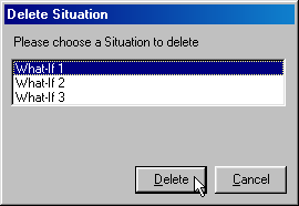 Screenshot of Delete Situation dialog box, with one situation highlighted in list, and mouse pointer and focus on Delete button.