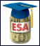 Image of jar filled with paper money and graduation cap resting on top, with label on jar reading 'ESA'.