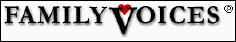 Logo of Family Voices organization, showing words 'Family Voices' in black with red heart superimposed on letter V.