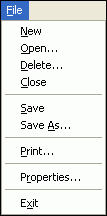 Screenshot of File item on main menu, showing resulting drop down menu choices of New, Open..., Delete..., Close, Save, Save As..., Print..., Properties..., and Exit.