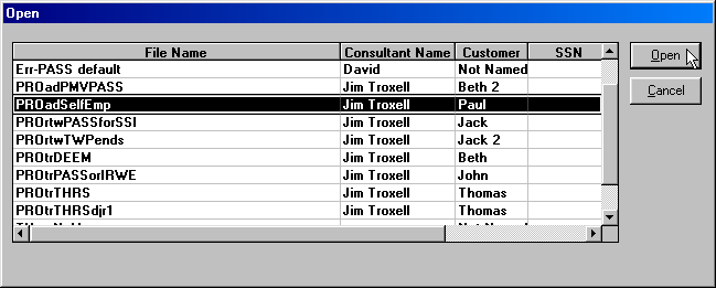 Screenshot of file Open combo box, showing one highlighted file in lists of all files, with focus and mouse pointer on Open button.