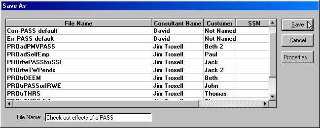 Screenshot of file Save As combo box, showing list of previously saved files and text input area for File Name, with focus and mouse pointer on Save button.
