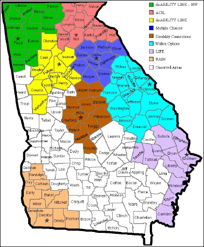 Map of Georgia counties showing geographic areas served by each CIL.