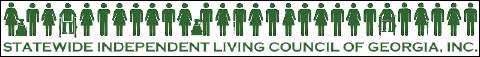 Statewide Independent Living Council of Georgia, Inc. (SILC) logo depicting male and female stick figures of various abilities (e.g. some with service dogs, some using wheelchairs, canes, etc.)