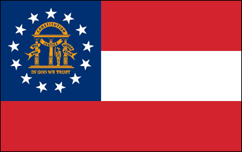 Image of the Georgia State Flag. The Georgia flag has a square canton on three horizontal bars of equal width. The top and bottom bands are scarlet and the middle band is white. The bottom scarlet band extends the entire length of the flag. The top two bands extend from the canton to the end of the flag. Centered in the square blue canton is a gold representation of the Georgia coat of arms. Directly under the coat of arms are the words 'IN GOD WE TRUST' in upper case letters. Thirteen stars surrounding the seal denote Georgia's position as one of the original thirteen colonies. On the seal three pillars supporting an arch represent the three branches of government; legislative, judicial and executive. A man with sword drawn is defending the Constitution, whose principles are wisdom, justice and moderation. The date 1776 represents the signing of the Declaration of Independence. The flag was adopted in 2003..