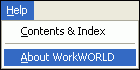 Screenshot of Help item on main menu, showing resulting drop down menu with About WorkWORLD Personal item highlighted.