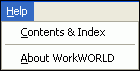 Screenshot of Help item on main menu, showing resulting drop down menu choices of Contents & Index and About WorkWORLD Personal.