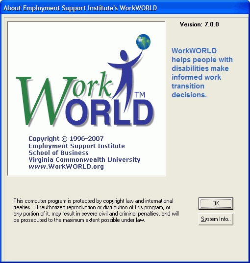 Screenshot of About ESI's WorkWORLD Personal window, showing WorkWorld logo, copyright information, version number, and user information, with focus on OK button.