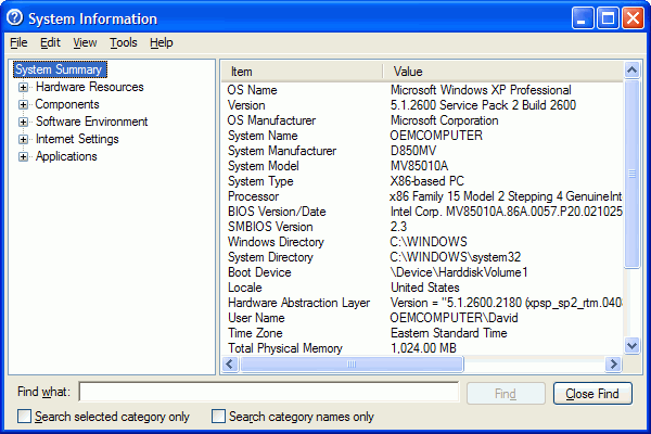 Screenshot of Microsoft System Information window, showing tree view of available operating system, hardware, and software information items on left side, and detailed information screen on right side.