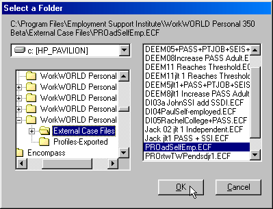 Screenshot of Select a Folder window showing text area at top displaying full path and name of selected file, and below that at upper left the drive selection drop down box, at lower left a tree view folder selection box, at right a file name selection box, and at bottom the mouse pointer over the OK button.