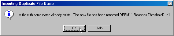 Screenshot of Importing Duplicate File Name information dialog box, showing text message saying a file with same name already exists and that the new file has been renamed,  with focus and mouse pointer on OK button.