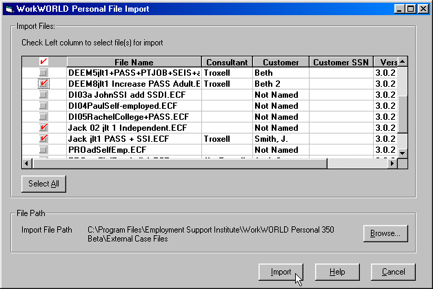Screenshot of WorkWORLD Personal File Import combo box, showing near the top a list of files with check boxes and Select All button for selection of files to import, in middle of window the file path and a Browse button to select a different path, and along the bottom of the window Cancel and Help buttons, and mouse pointer on Import button.