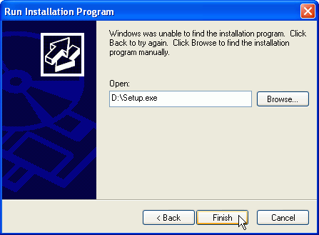 Screenshot of Run Installation Program combo box with text message explaining how to proceed, command line for installation program along with Browse button to find another install program, < Back and Cancel buttons, with mouse pointer and focus on Finish button.