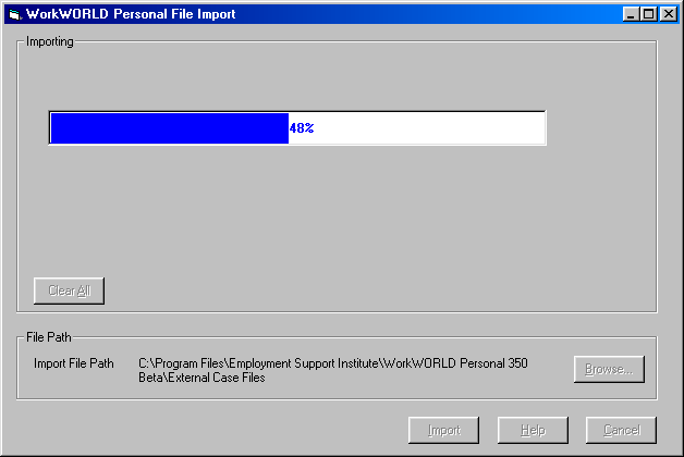 Screenshoy of WorkWORLD Personal File Import dialog box, showing dynamic progress scale and percentage completed.