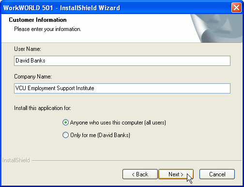 Screenshot of InstallShield Wizard Customer Information dialog box, showing areas for entry of User Name and Company Name, with focus and mouse pointer on Next > button.