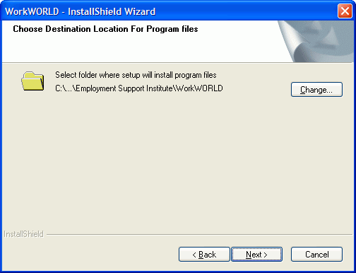 Screenshot of InstallShield Wizard Choose Destination Location For Program Files dialog box, showing file path and Browse button to change it, with focus on Next > button.