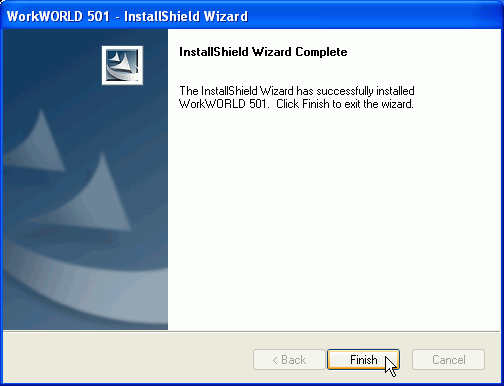Screenshot of InstallShield Wizard Complete dialog box, showing text installation messages with focus and mouse pointer on Finish button.